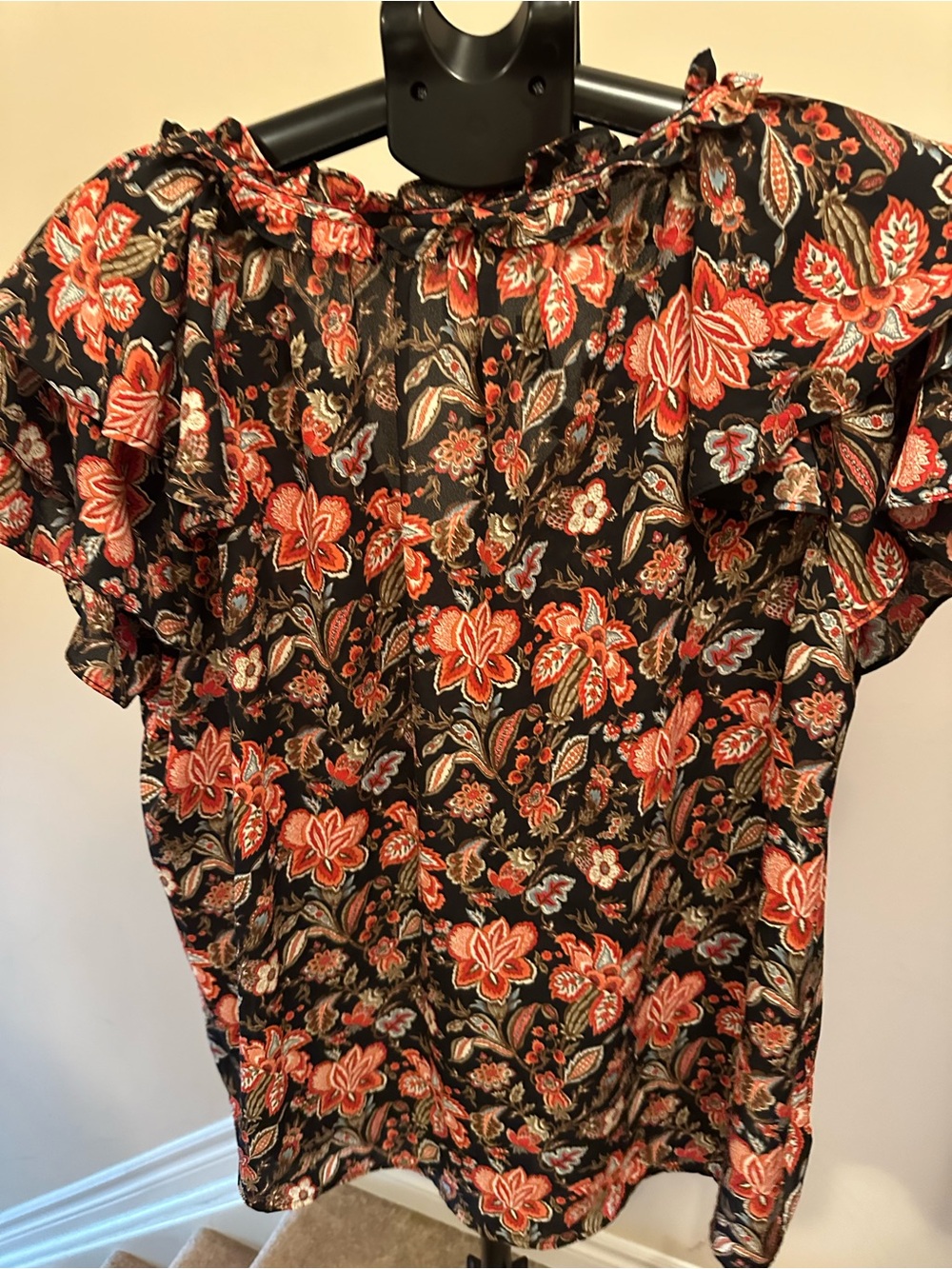 Ruffled Floral Blouse - Black & Coral
